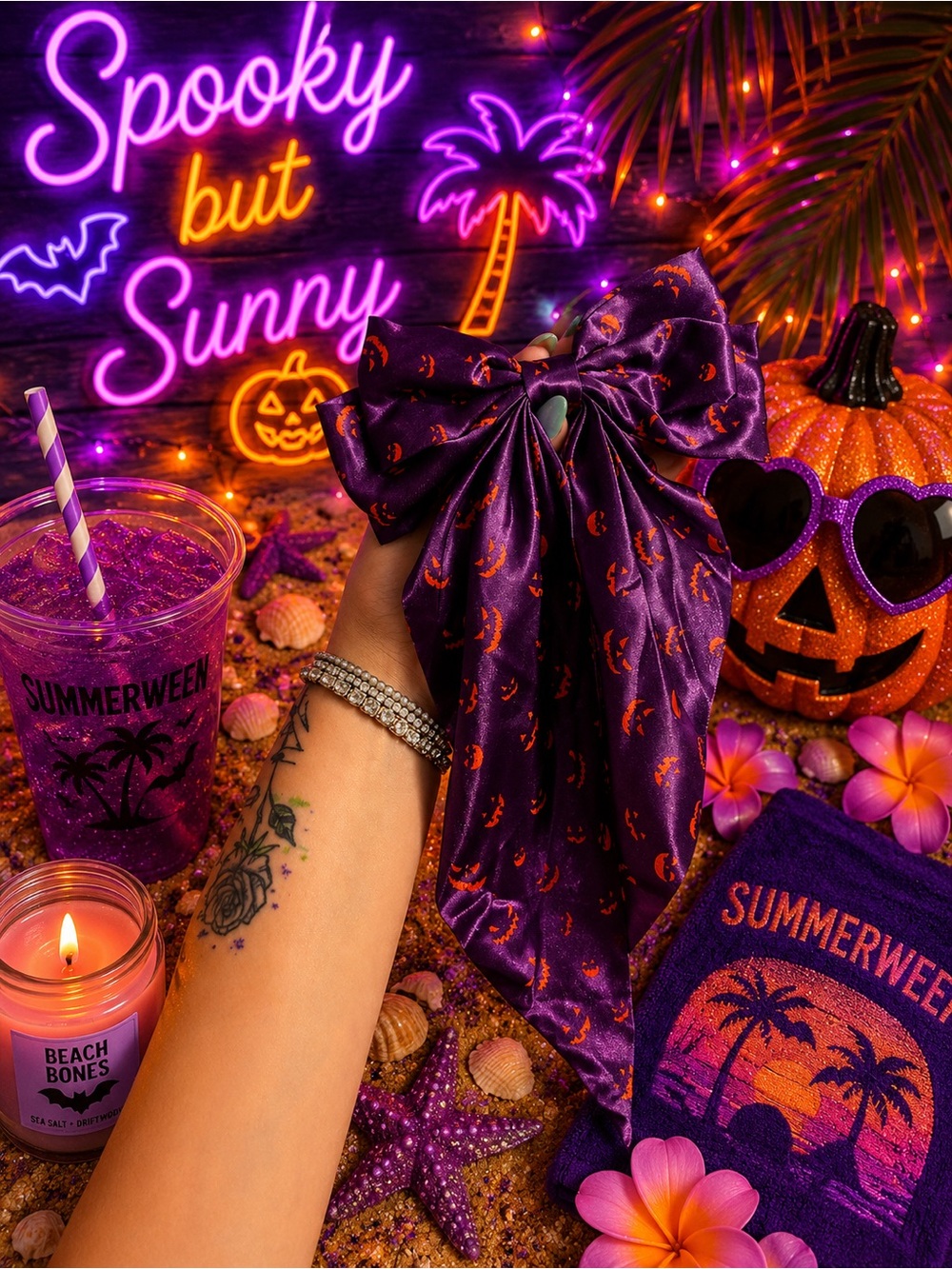 Summerween Purple Halloween Satin Hair Scarf Bow